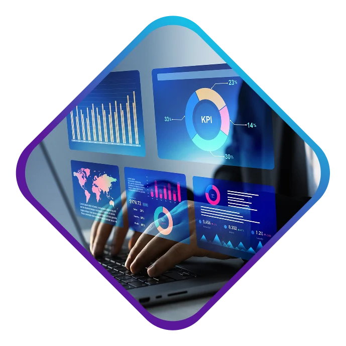 A person using a laptop with a screen full of business data analytics, bar graphs, and flowing lines of code.