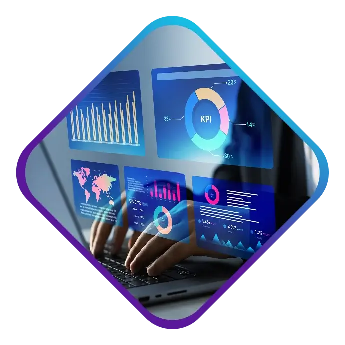 A hand interacting with a holographic display of various financial and data analysis charts, including bar graphs and pie charts.
