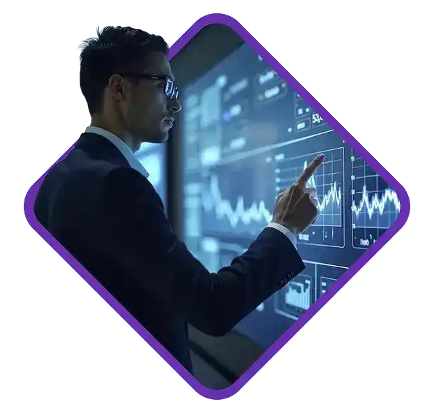 A man in a suit pointing at a large digital screen with financial data charts.