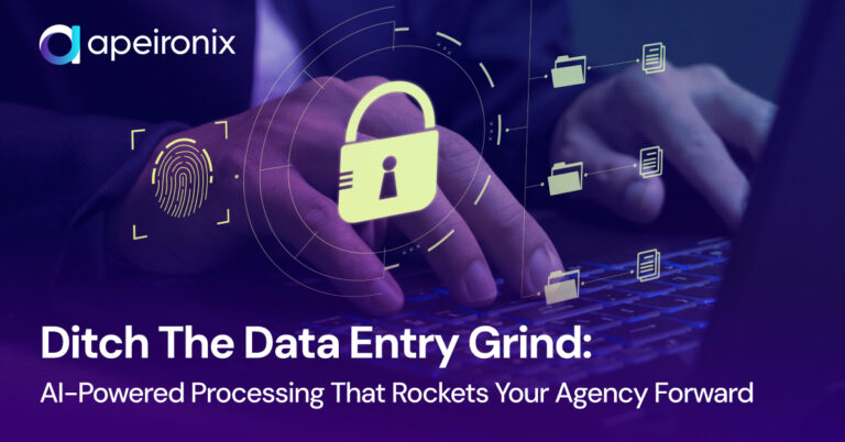 Apeironix AI automation visual showing secure digital data processing with lock icon and connected data nodes, symbolizing AI-powered automation that eliminates manual data entry for insurance agencies.