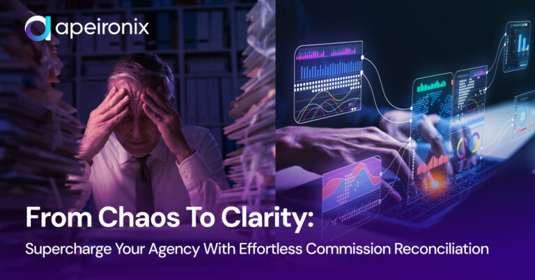 Apeironix automation concept showing transition from paper chaos to digital clarity with AI dashboards, symbolizing effortless commission reconciliation for insurance agencies.