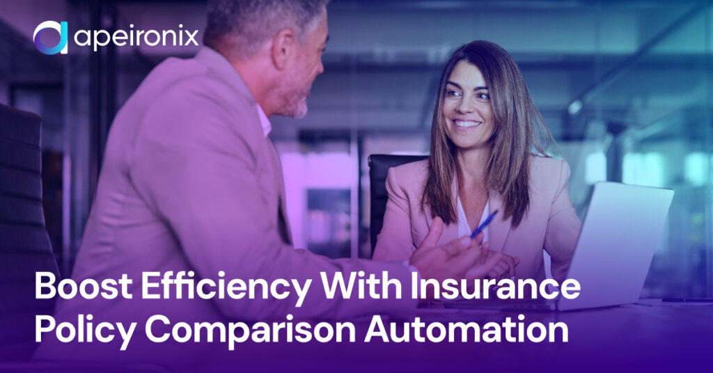 Two professionals discussing insurance automation solutions with a laptop open, symbolizing Apeironix’s AI-powered policy comparison technology that boosts efficiency for insurance agencies.