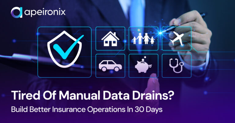 Apeironix digital automation concept showing insurance icons for home, auto, health, travel, and finance with a glowing data network, symbolizing faster, smarter insurance operations powered by AI.
