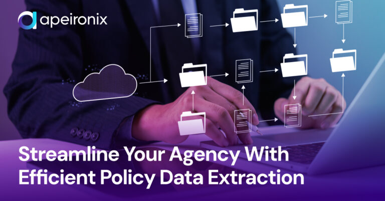 Business professional using a laptop with cloud and folder icons representing data transfer, symbolizing Apeironix’s AI-driven policy data extraction that streamlines insurance agency operations.