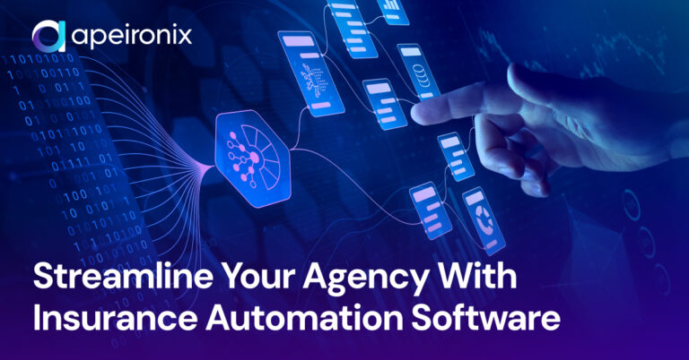 Hand interacting with a digital interface of connected data panels and analytics icons, symbolizing Apeironix’s AI-powered insurance automation software that streamlines agency operations.