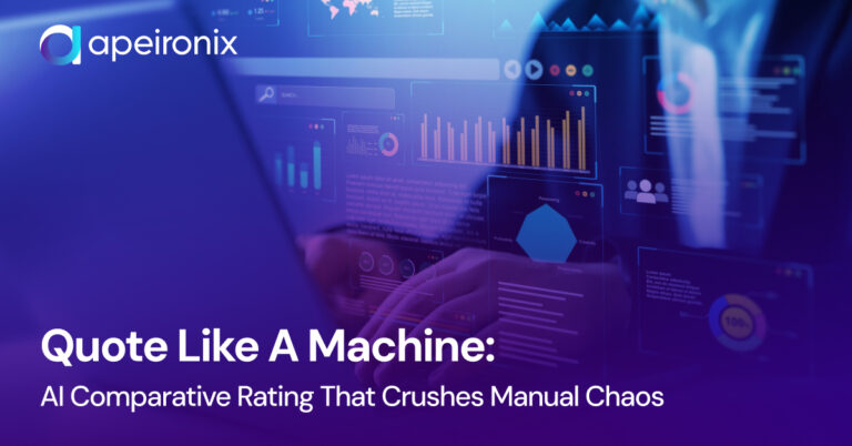 Apeironix AI comparative rating dashboard with data charts and analytics visualizing automated insurance quoting, symbolizing machine-speed accuracy that eliminates manual rating chaos.